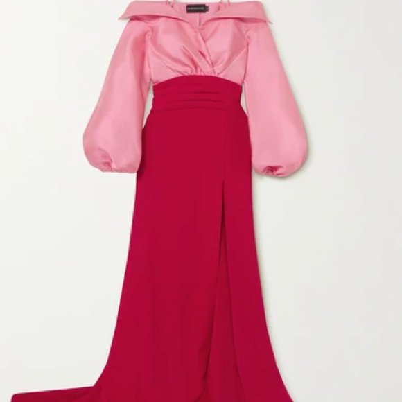 BRANDON MAXWELL Two Tone Twill And Crepe Gown In Red Pink Colorblock Side Slit - Picture 2 of 16